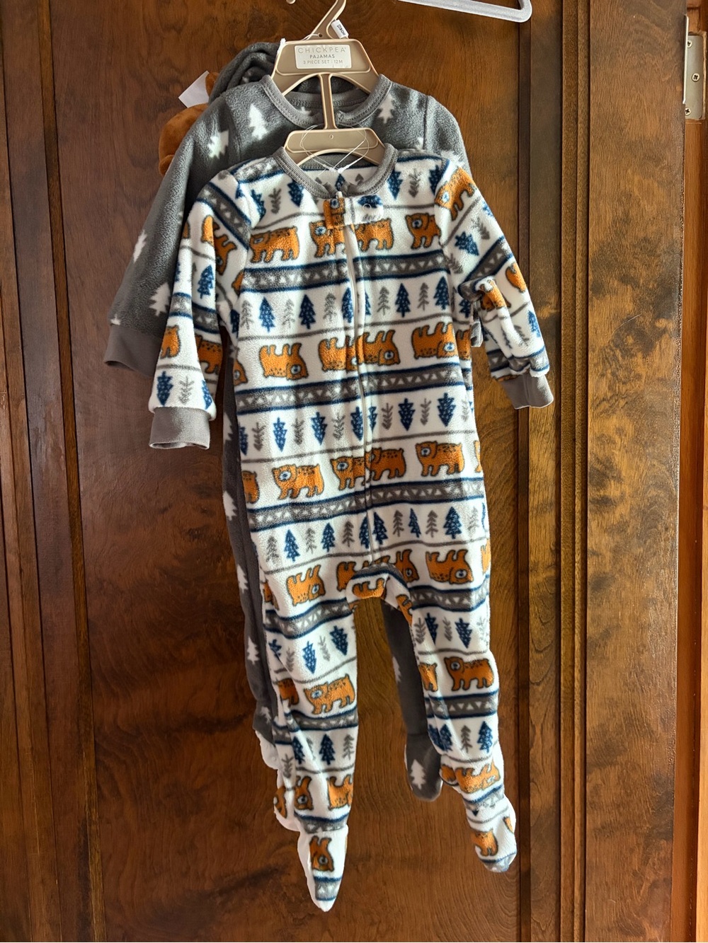 Fleece Bear-Print Footed One-Piece - White, Orange & Blue
